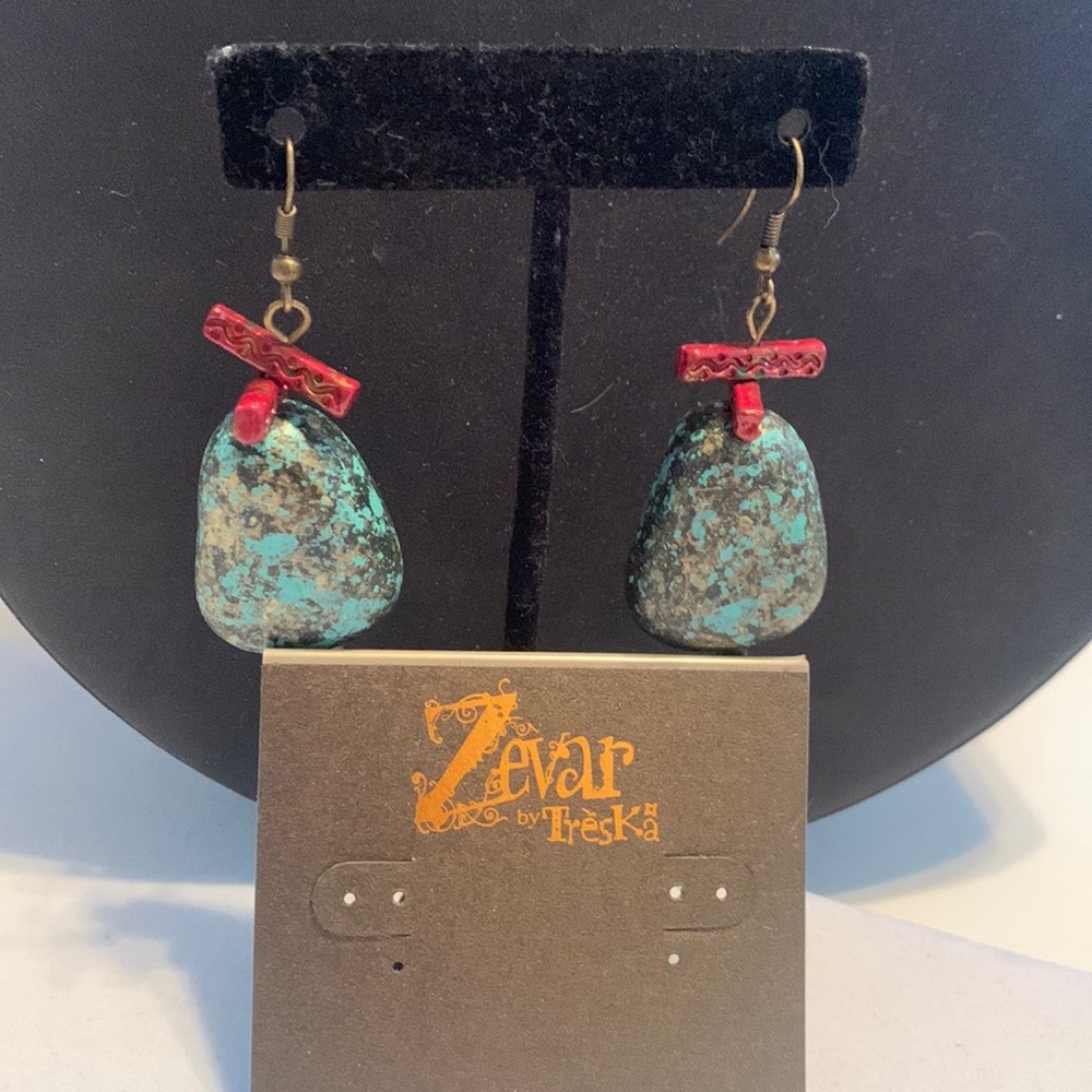 Zebra Turquoise and Brass Tone Kidney Bean Shape Earrings🥳HP🥳